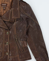 Vintage Y2K 00s Danier Women's Brown Italian Calfskin Leather Contrast Stitch Belted Moto Jacket - S