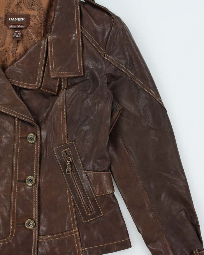Vintage Y2K 00s Danier Women's Brown Italian Calfskin Leather Contrast Stitch Belted Moto Jacket - S
