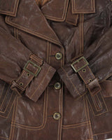 Vintage Y2K 00s Danier Women's Brown Italian Calfskin Leather Contrast Stitch Belted Moto Jacket - S