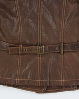 Vintage Y2K 00s Danier Women's Brown Italian Calfskin Leather Contrast Stitch Belted Moto Jacket - S