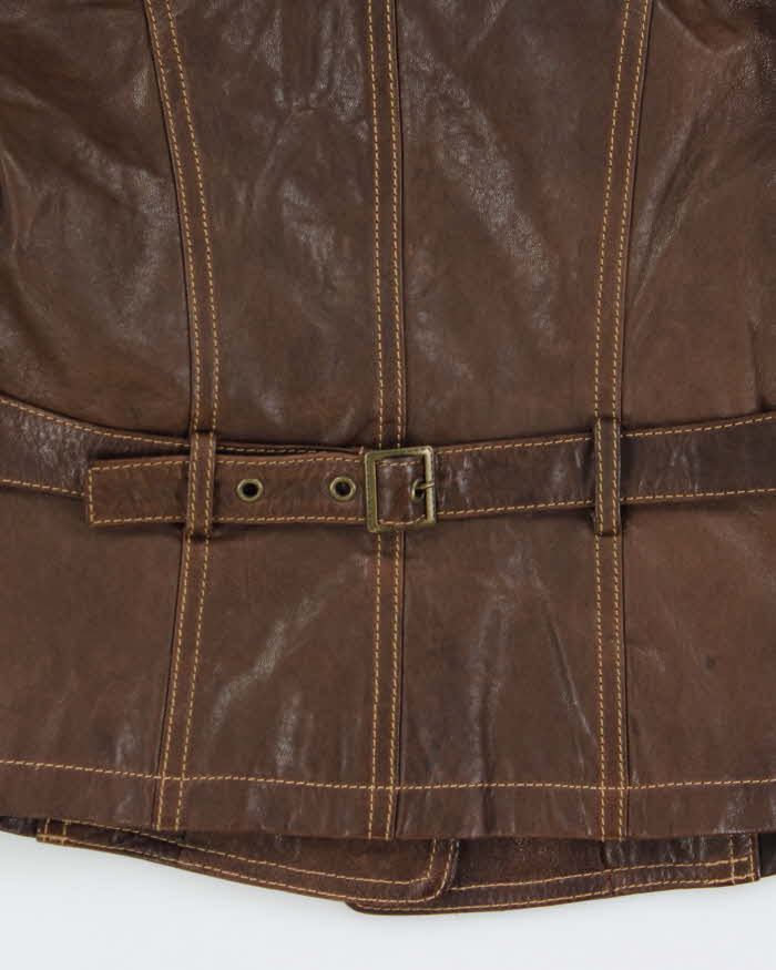 Vintage Y2K 00s Danier Women's Brown Italian Calfskin Leather Contrast Stitch Belted Moto Jacket - S