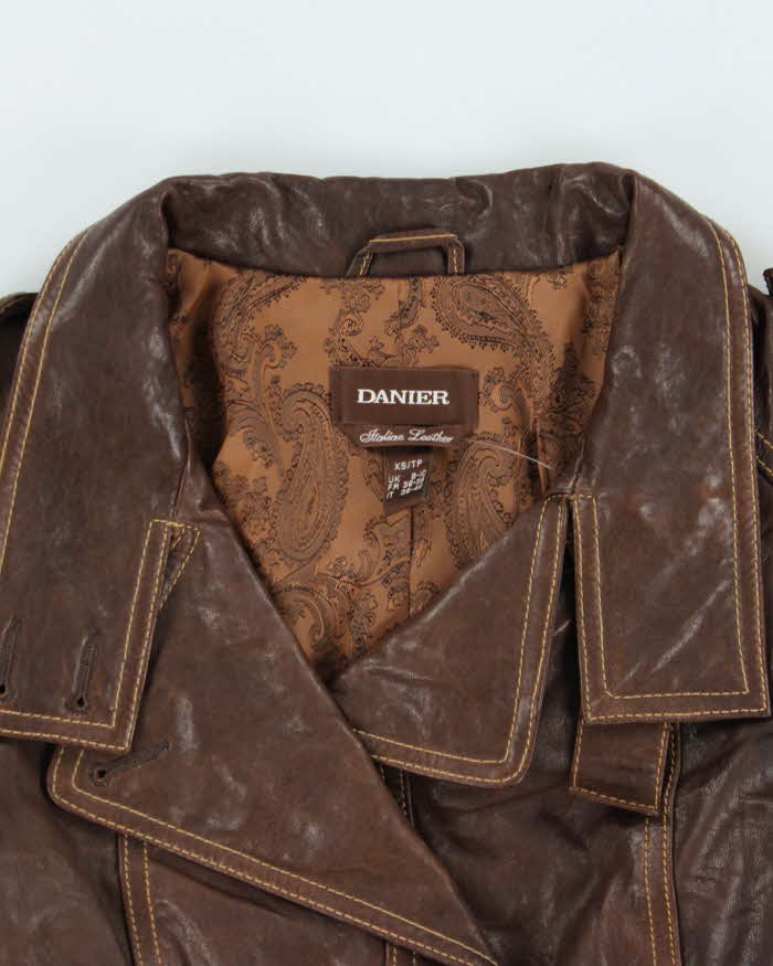 Vintage Y2K 00s Danier Women's Brown Italian Calfskin Leather Contrast Stitch Belted Moto Jacket - S