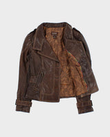 Vintage Y2K 00s Danier Women's Brown Italian Calfskin Leather Contrast Stitch Belted Moto Jacket - S