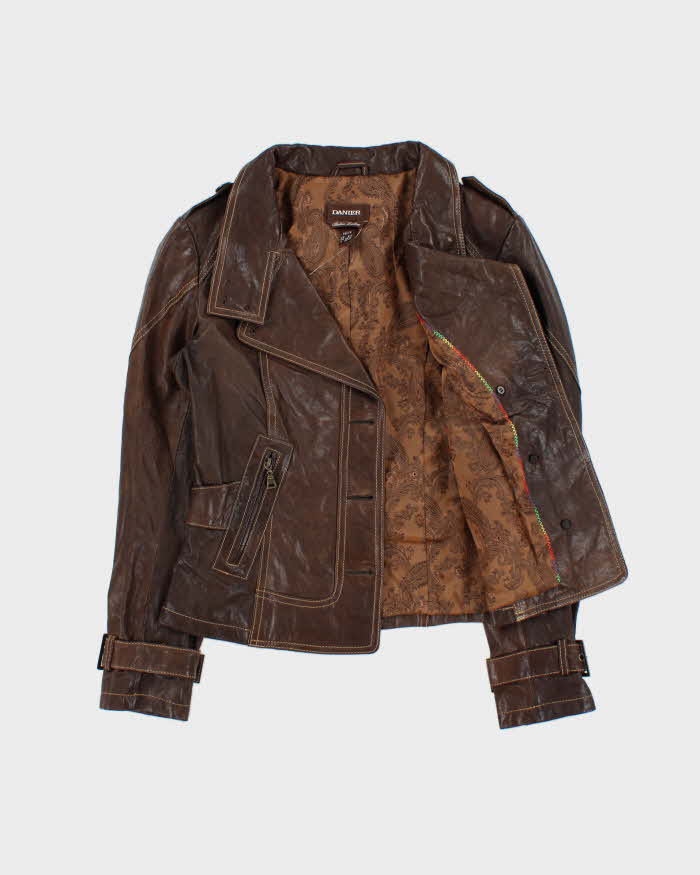 Vintage Y2K 00s Danier Women's Brown Italian Calfskin Leather Contrast Stitch Belted Moto Jacket - S