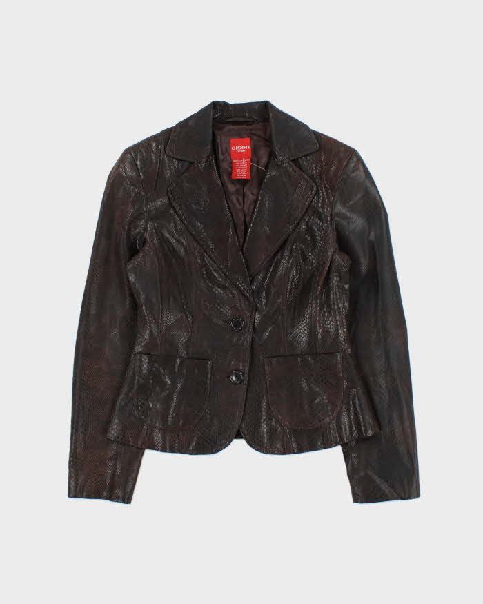 Vintage Y2K 00s Olsen Women's Brown Leather Snakeskin Embossed Blazer Jacket - S
