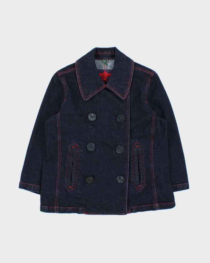 Vintage Y2K 00s Lauren Ralph Lauren LRL Women's Indigo Denim Double Breasted 3/4 Sleeve Naval Jacket - L