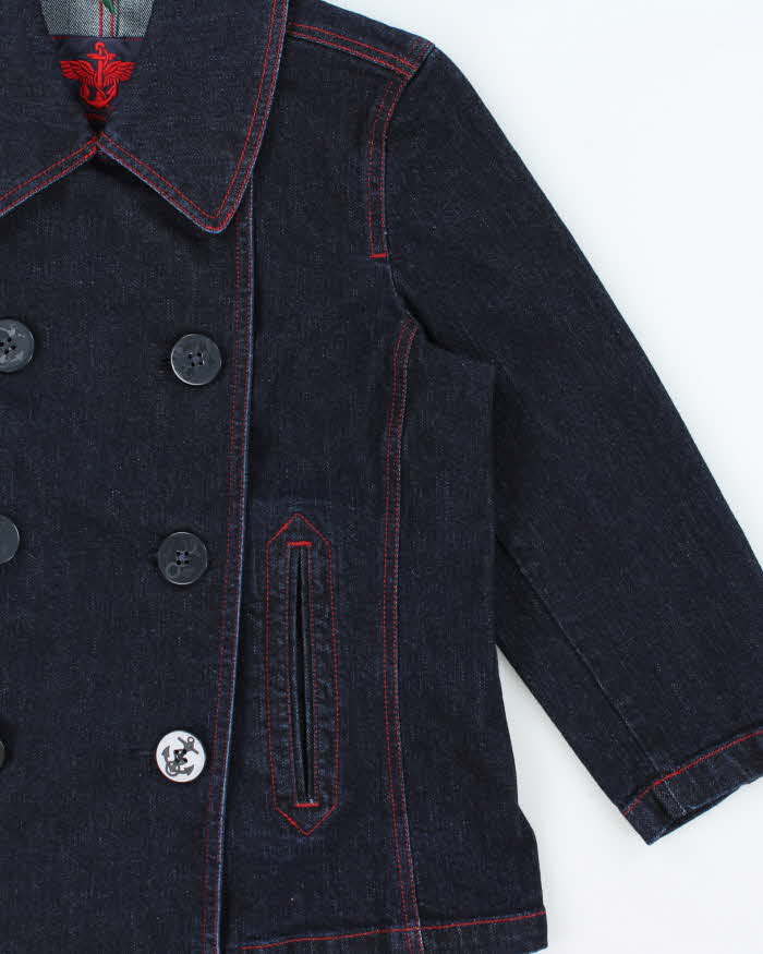 Vintage Y2K 00s Lauren Ralph Lauren LRL Women's Indigo Denim Double Breasted 3/4 Sleeve Naval Jacket - L
