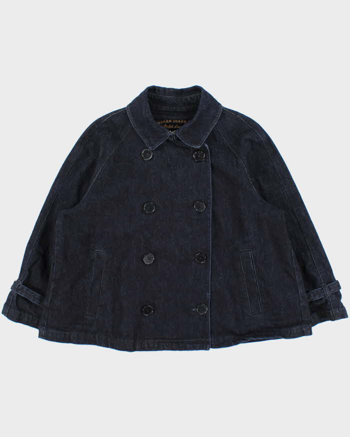 Vintage Y2K 00s Lauren Jeans Ralph Lauren Women's Indigo Double Breasted 3/4 Sleeve Cropped Denim Jacket - XL