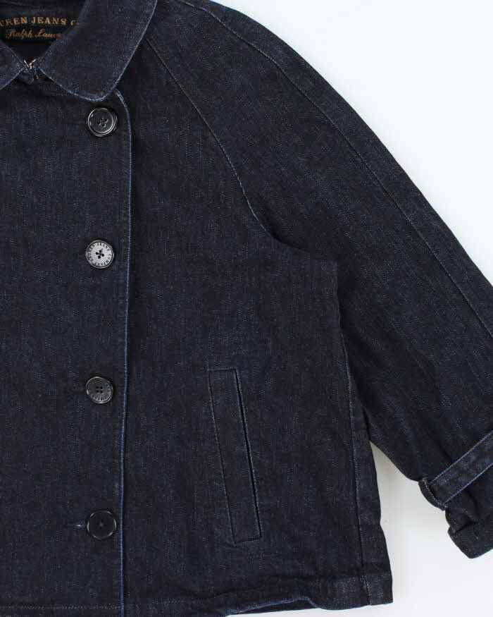 Vintage Y2K 00s Lauren Jeans Ralph Lauren Women's Indigo Double Breasted 3/4 Sleeve Cropped Denim Jacket - XL