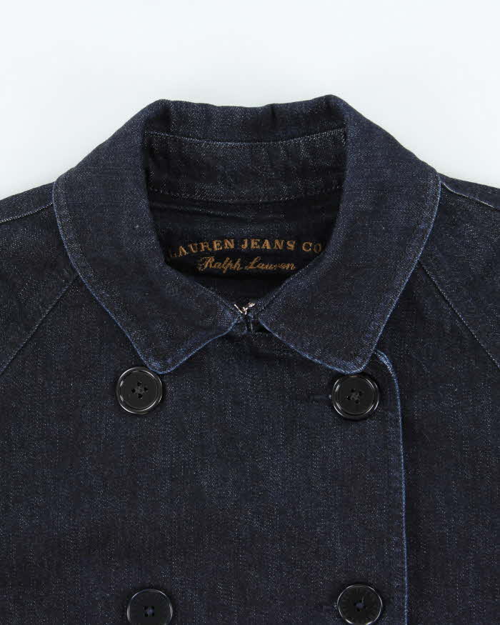 Vintage Y2K 00s Lauren Jeans Ralph Lauren Women's Indigo Double Breasted 3/4 Sleeve Cropped Denim Jacket - XL