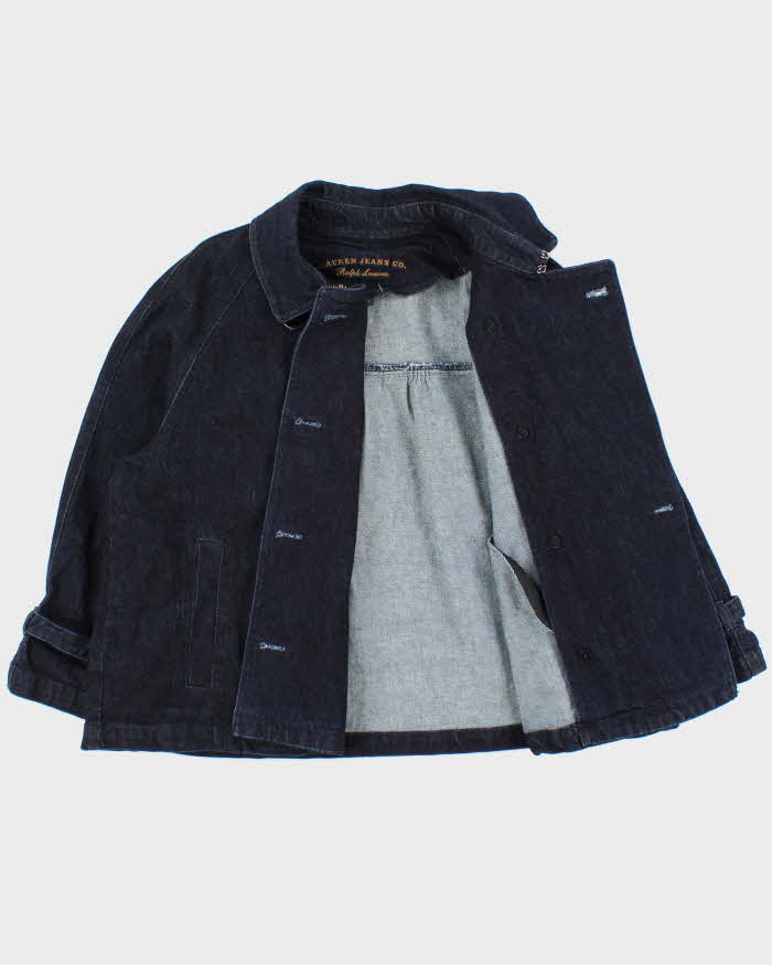 Vintage Y2K 00s Lauren Jeans Ralph Lauren Women's Indigo Double Breasted 3/4 Sleeve Cropped Denim Jacket - XL