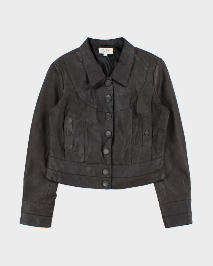 Vintage Y2K 00s Suzy Shier Women's Bistre Brown Leather Buttoned Jacket - L