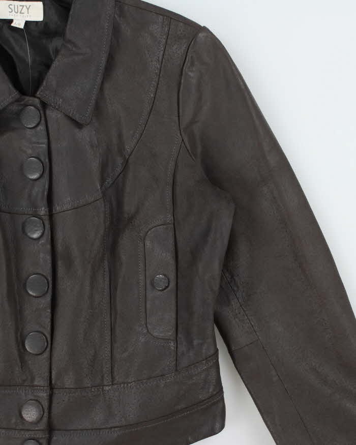 Vintage Y2K 00s Suzy Shier Women's Bistre Brown Leather Buttoned Jacket - L