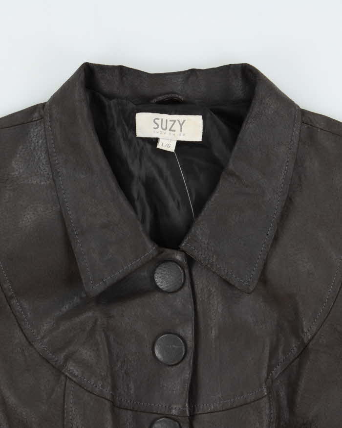 Vintage Y2K 00s Suzy Shier Women's Bistre Brown Leather Buttoned Jacket - L