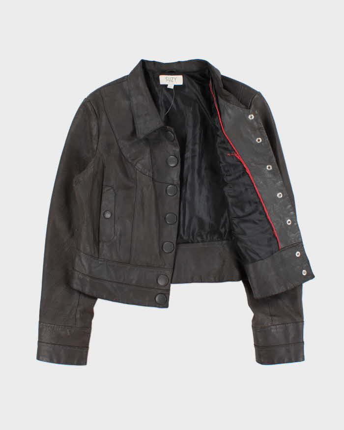 Vintage Y2K 00s Suzy Shier Women's Bistre Brown Leather Buttoned Jacket - L