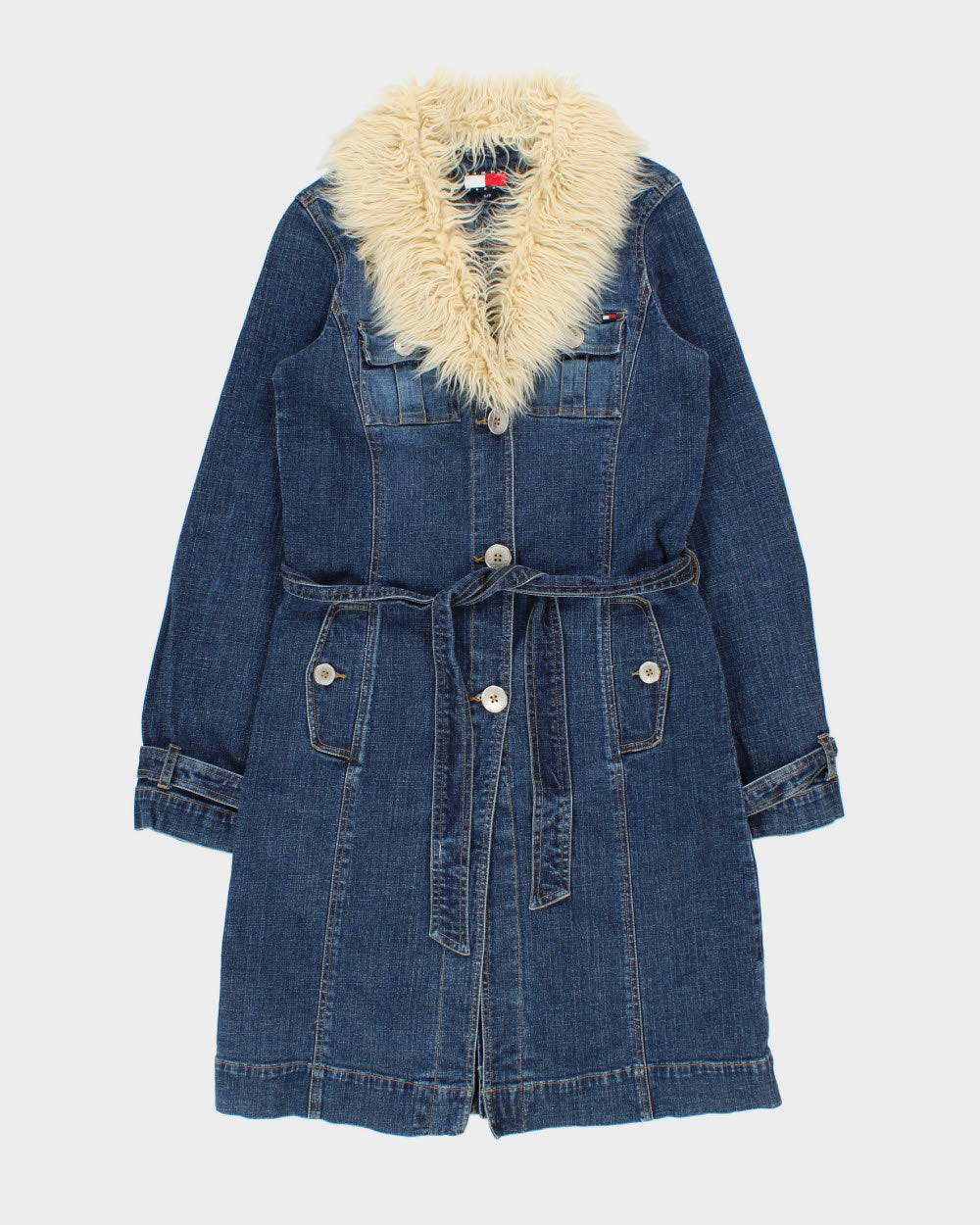 Vintage Y2K 00s Tommy Hilfiger Women's Afghan Belted Long Denim Jacket - S
