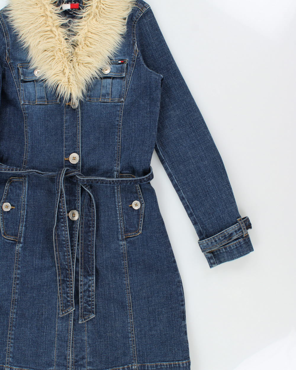Vintage Y2K 00s Tommy Hilfiger Women's Afghan Belted Long Denim Jacket - S