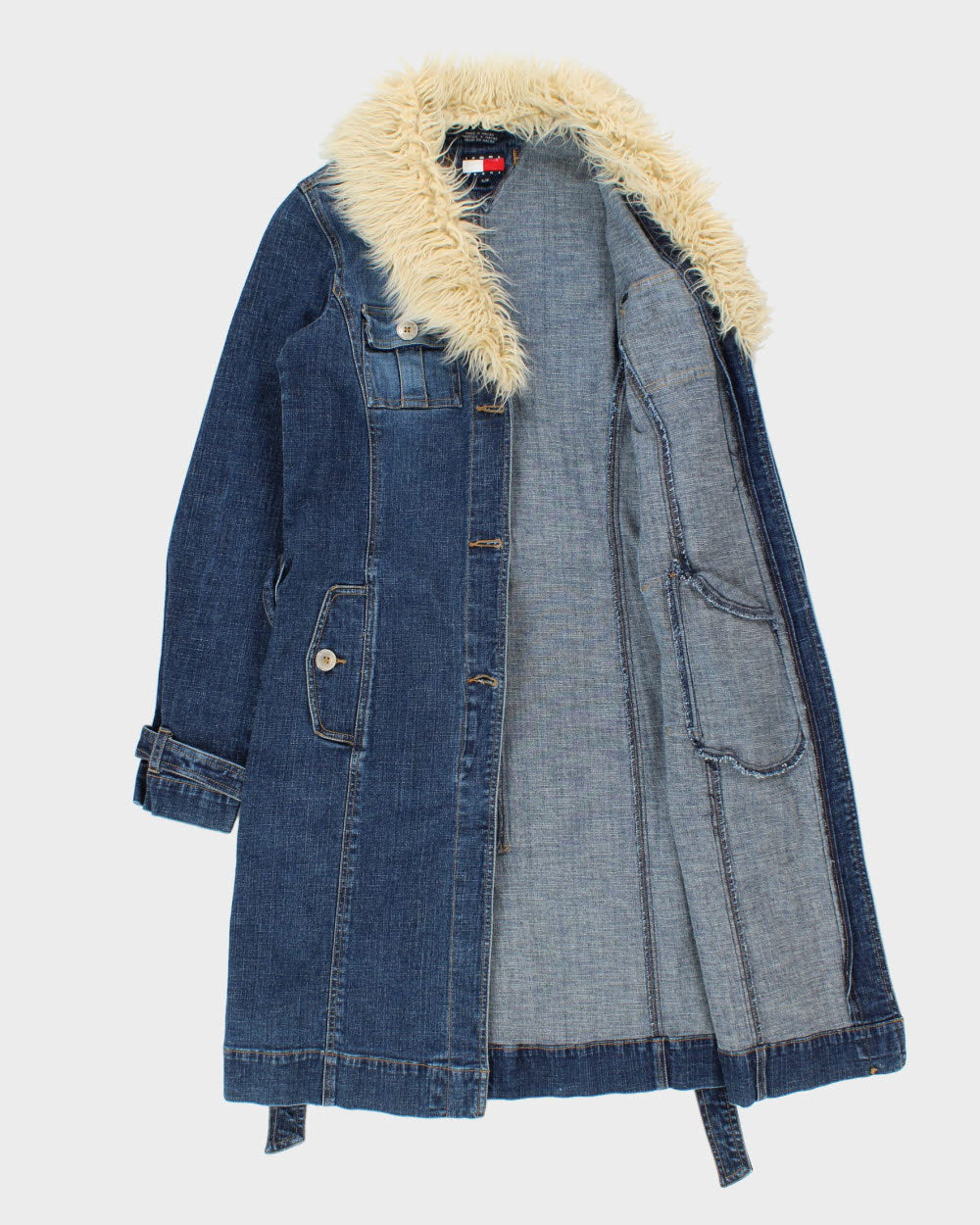 Vintage Y2K 00s Tommy Hilfiger Women's Afghan Belted Long Denim Jacket - S
