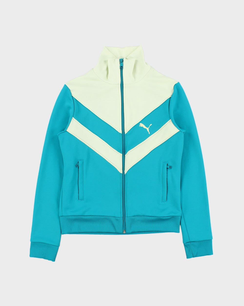 Vintage Y2K 00s Puma Women's Teal Striped Funnel Neck Track Jacket - S