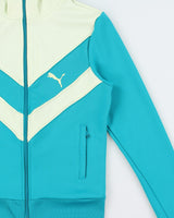 Vintage Y2K 00s Puma Women's Teal Striped Funnel Neck Track Jacket - S