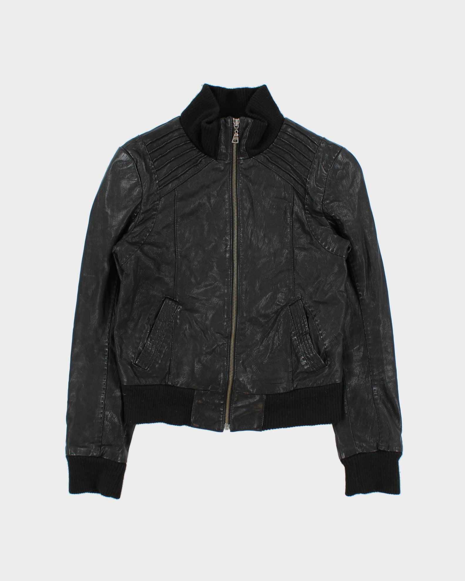Vintage Y2K 00s Danier Women's Wool Ribbed Leather Cafe Racer Biker Jacket - S