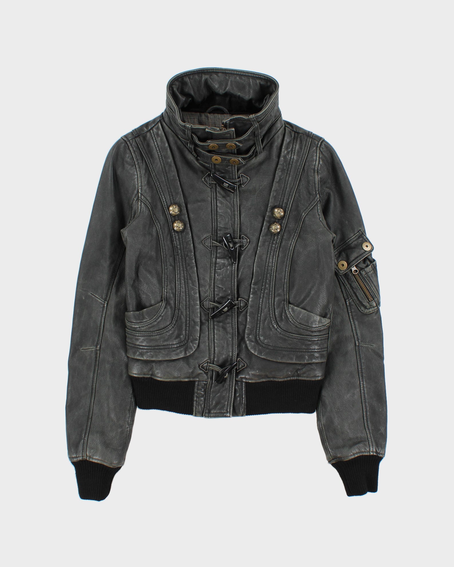 Vintage Y2K 00s Danier Women's Wool Ribbed Thinsulate Lined Patina Leather Toggle Jacket - S