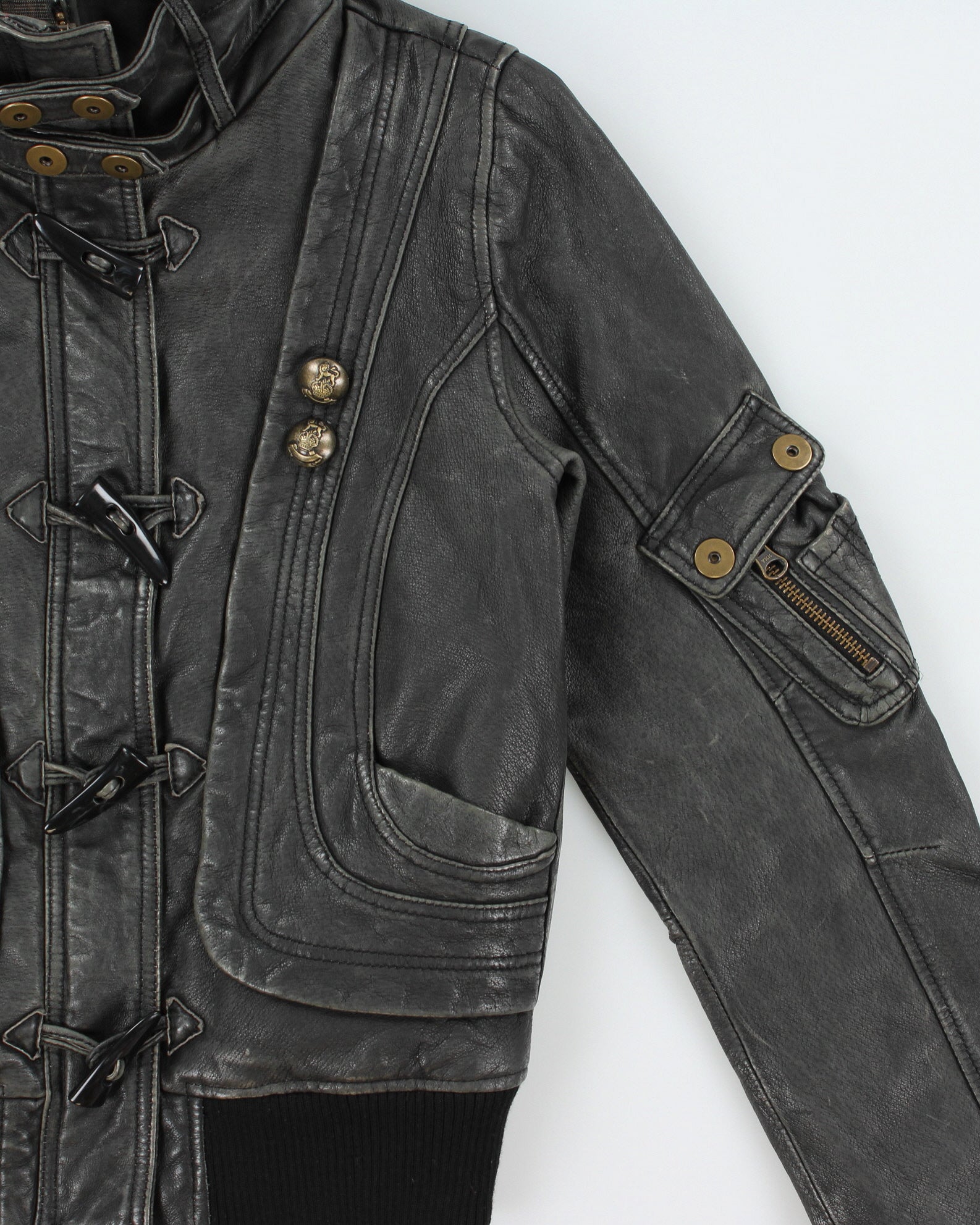 Vintage Y2K 00s Danier Women's Wool Ribbed Thinsulate Lined Patina Leather Toggle Jacket - S