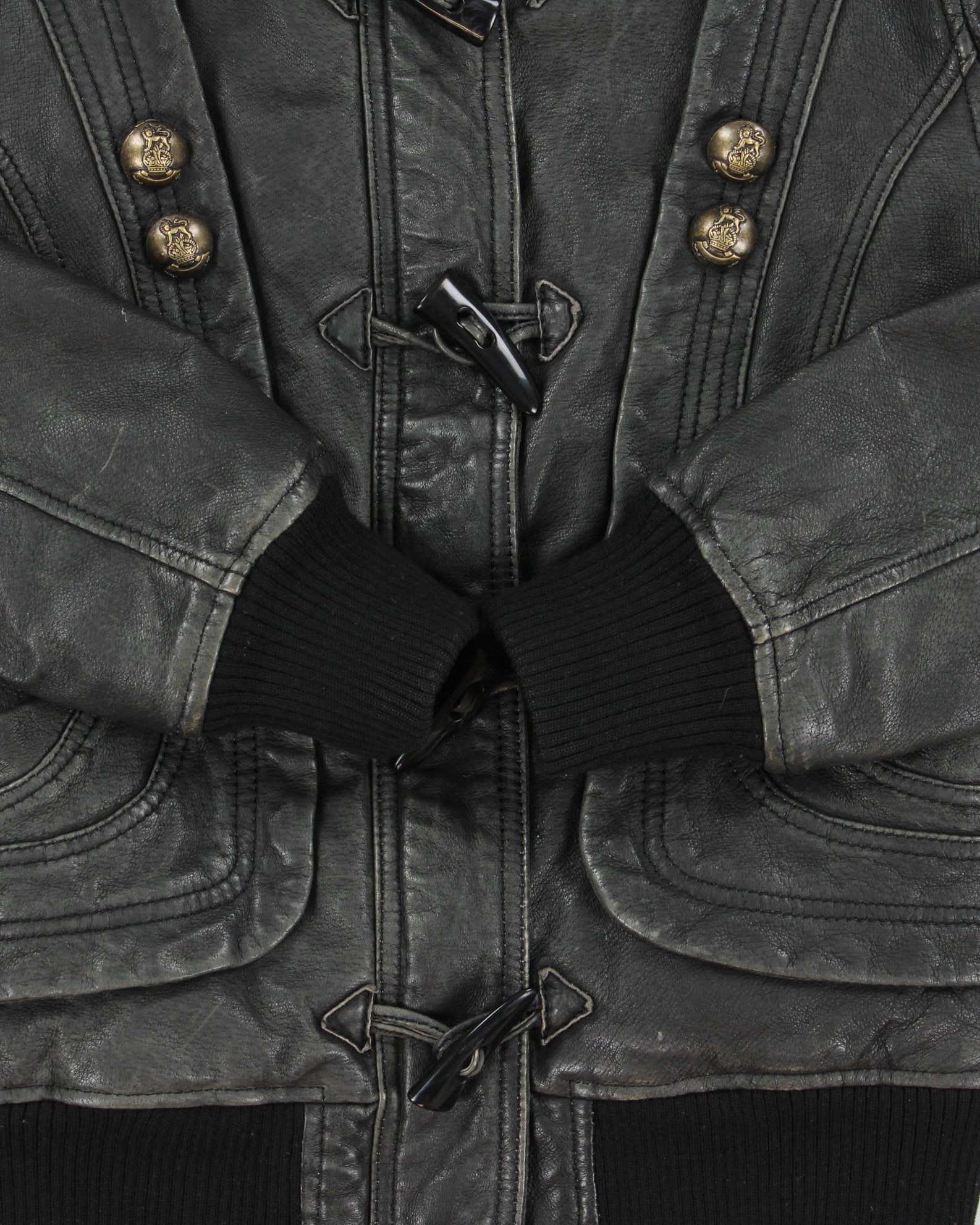 Vintage Y2K 00s Danier Women's Wool Ribbed Thinsulate Lined Patina Leather Toggle Jacket - S