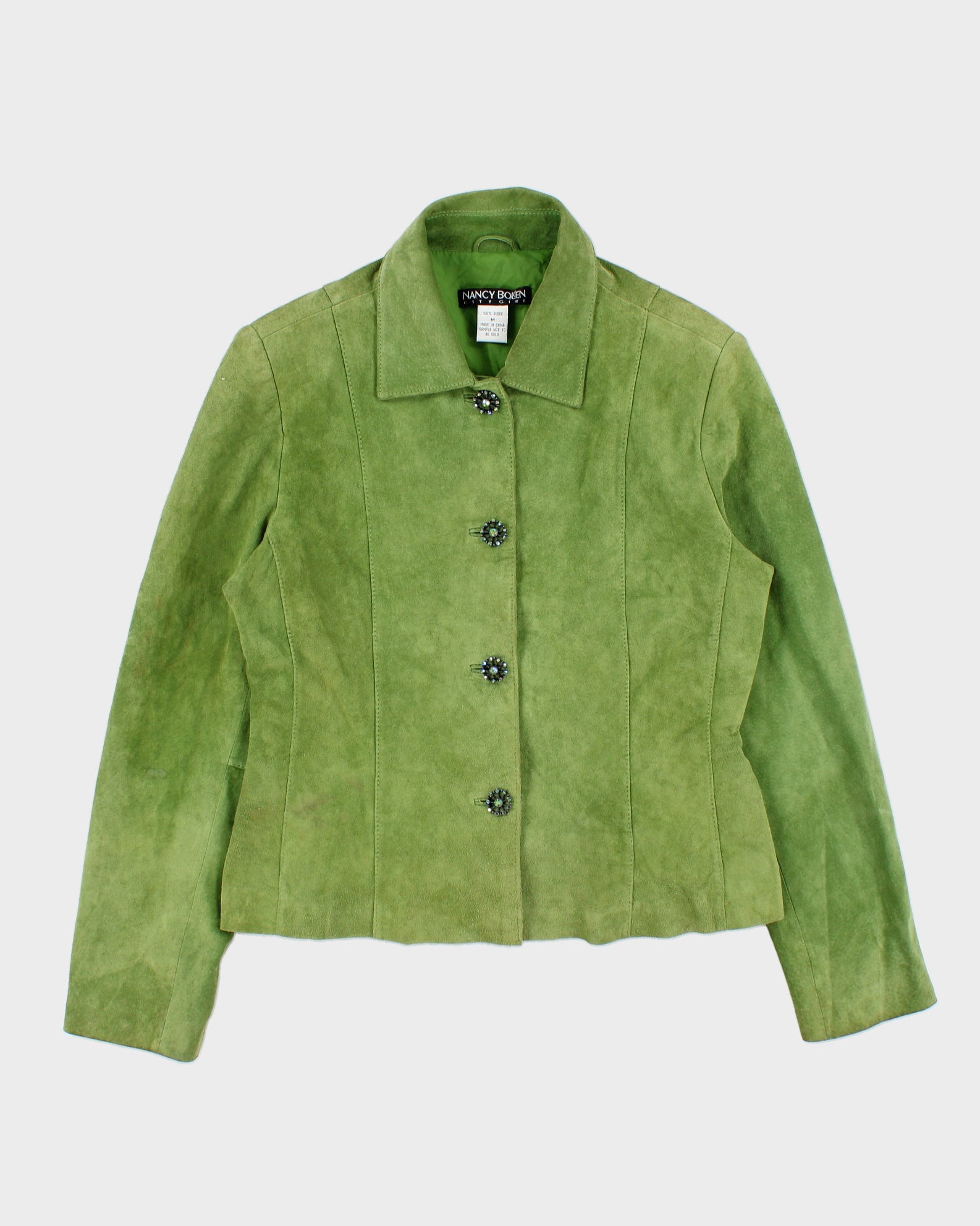 Vintage Y2K 00s Nancy Boy City Girl Nocellara Green Suede Women's Embellished Button Jacket - M