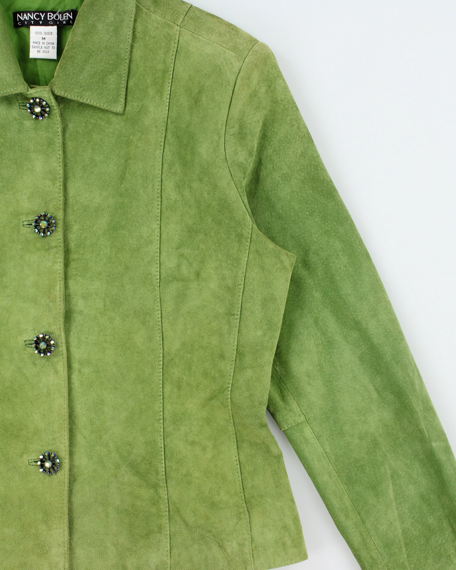 Vintage Y2K 00s Nancy Boy City Girl Nocellara Green Suede Women's Embellished Button Jacket - M