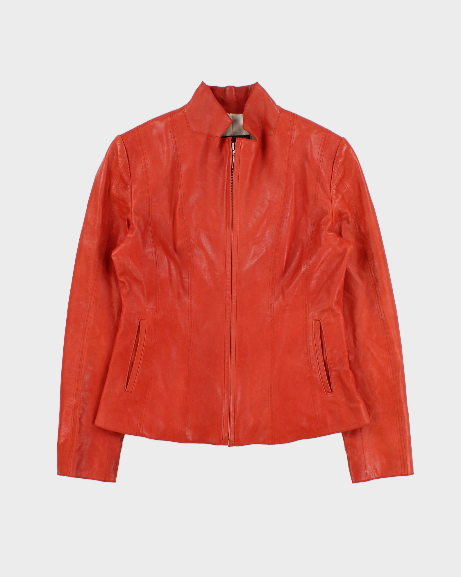 Vintage Y2K 00s Cole Haan Women's Burnt Orange Lambskin Leather Cafe Racer Biker Jacket - S