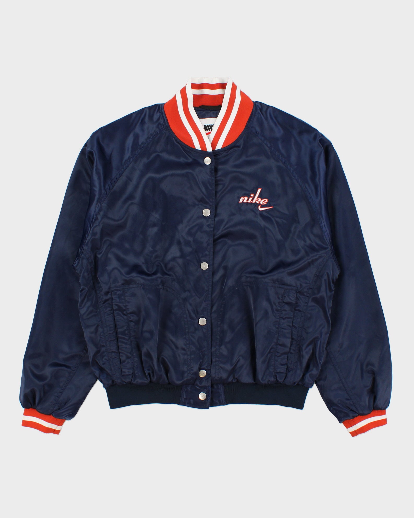 Vintage 1990s Nike Women's Satin Shell Embroidered Varsity Bomber Jacket - M