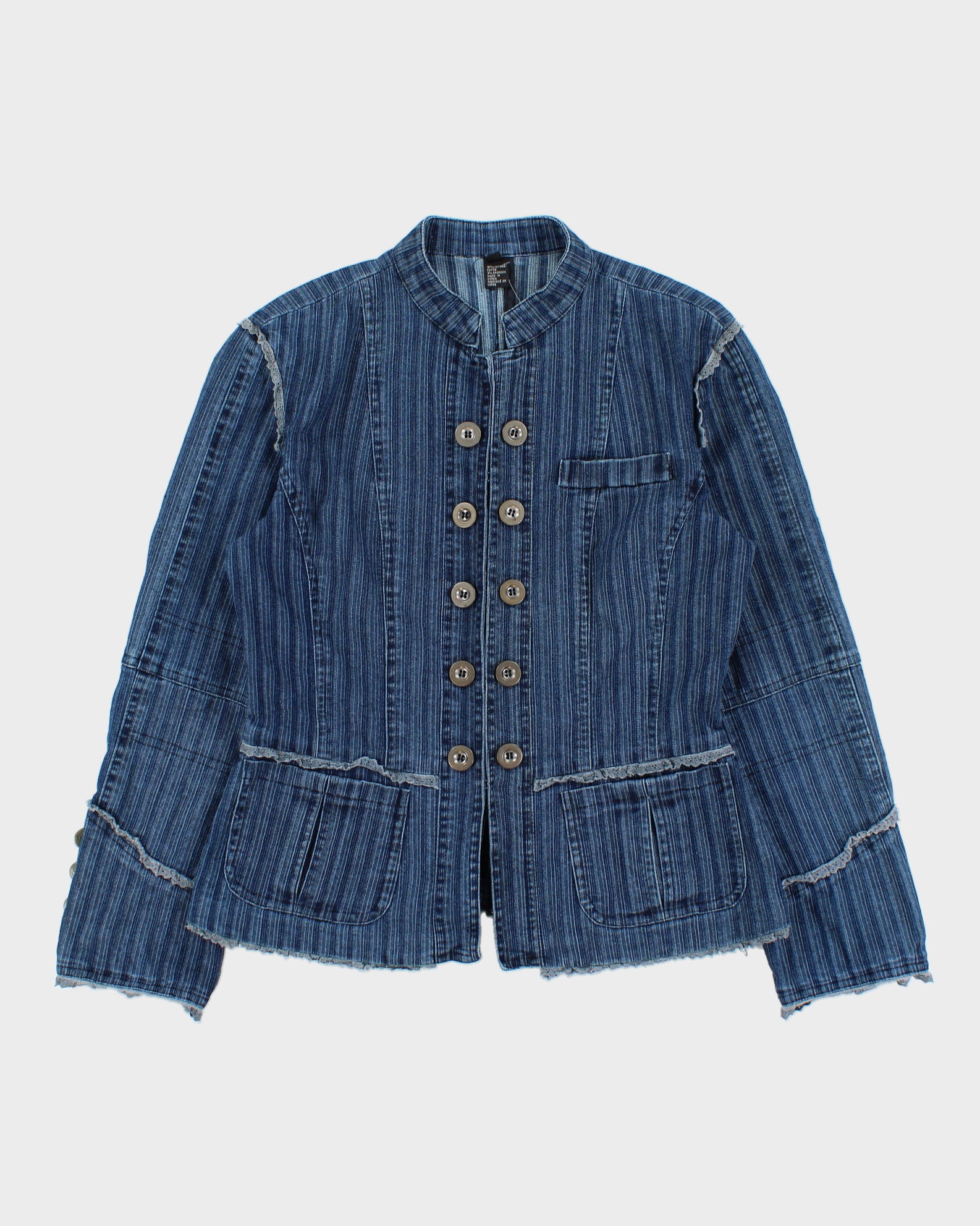 Vintage Y2K 00s Women's Striped Lace Detailed Clasp Closure Denim Jacket - S