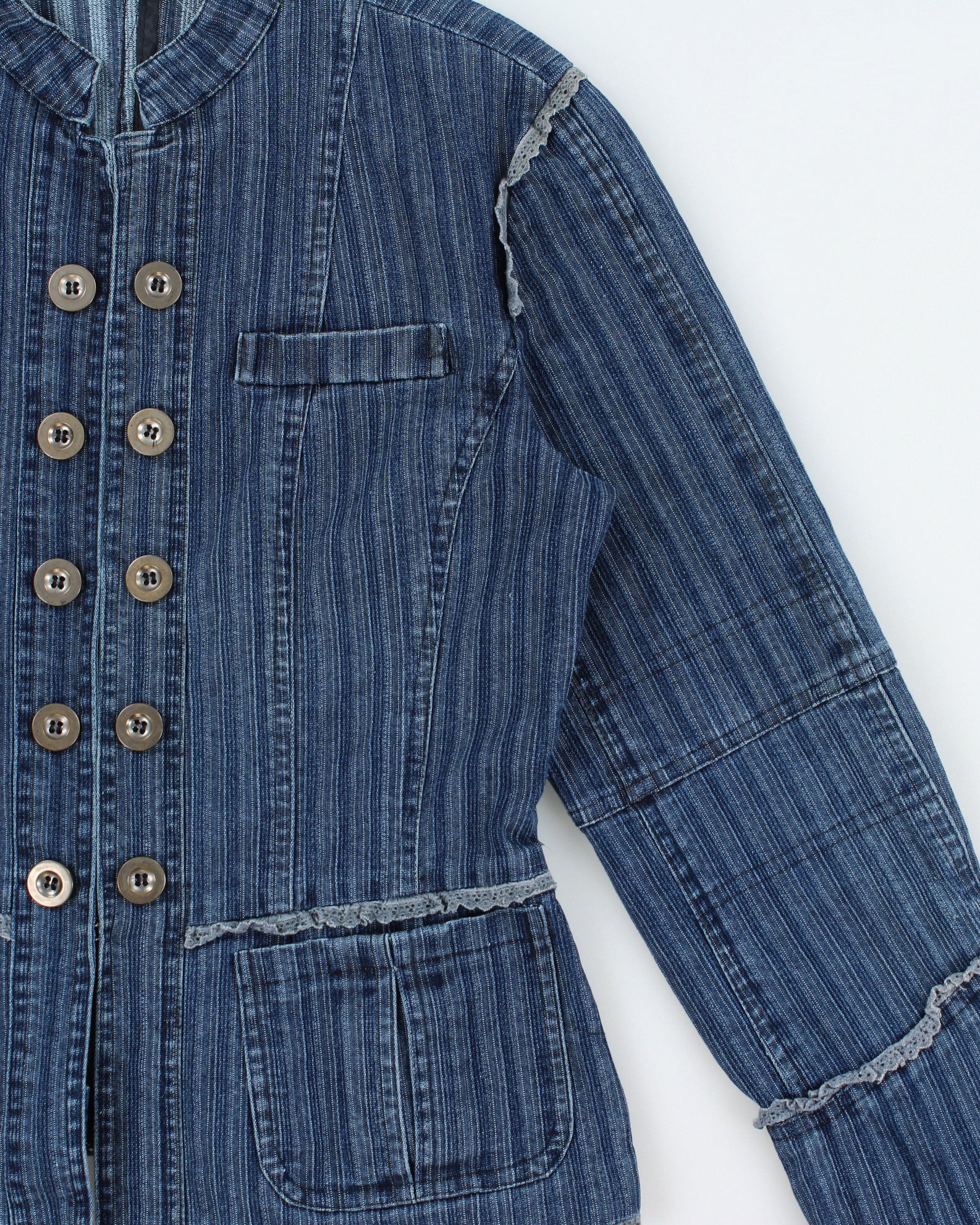 Vintage Y2K 00s Women's Striped Lace Detailed Clasp Closure Denim Jacket - S