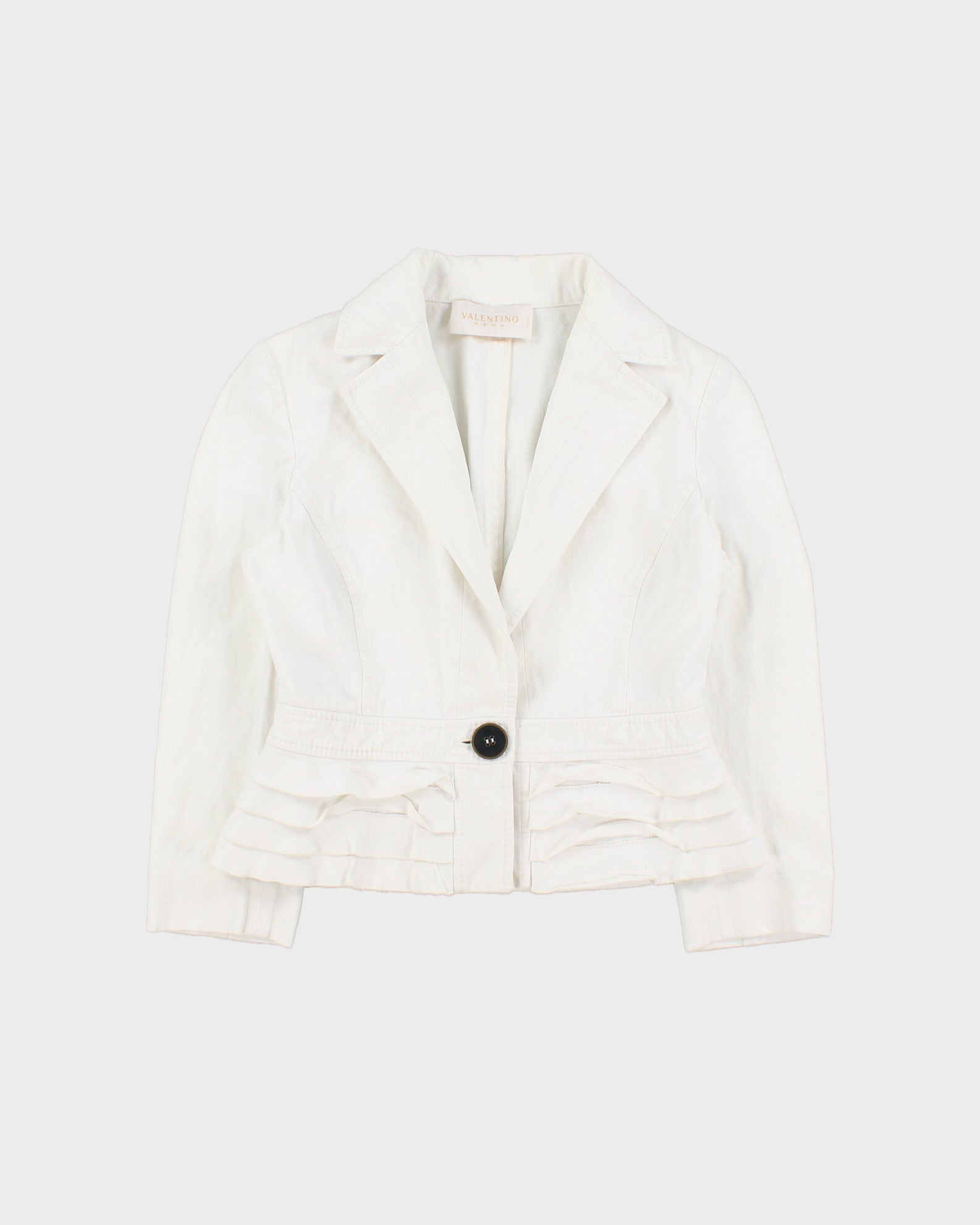 Vintage Y2K 00s Valentino Roma Women's White Cropped Denim Ruffle Jacket - S