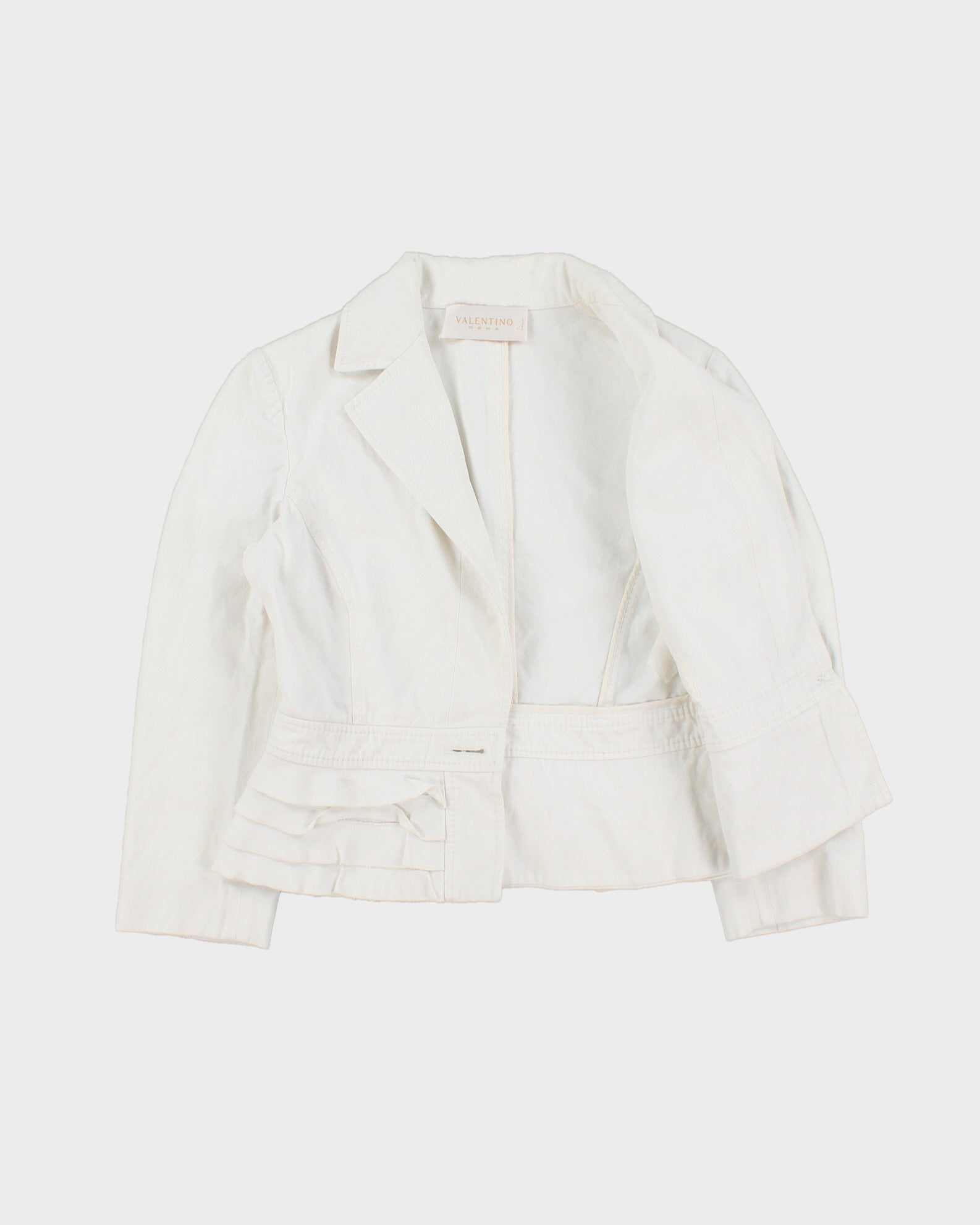 Vintage Y2K 00s Valentino Roma Women's White Cropped Denim Ruffle Jacket - S