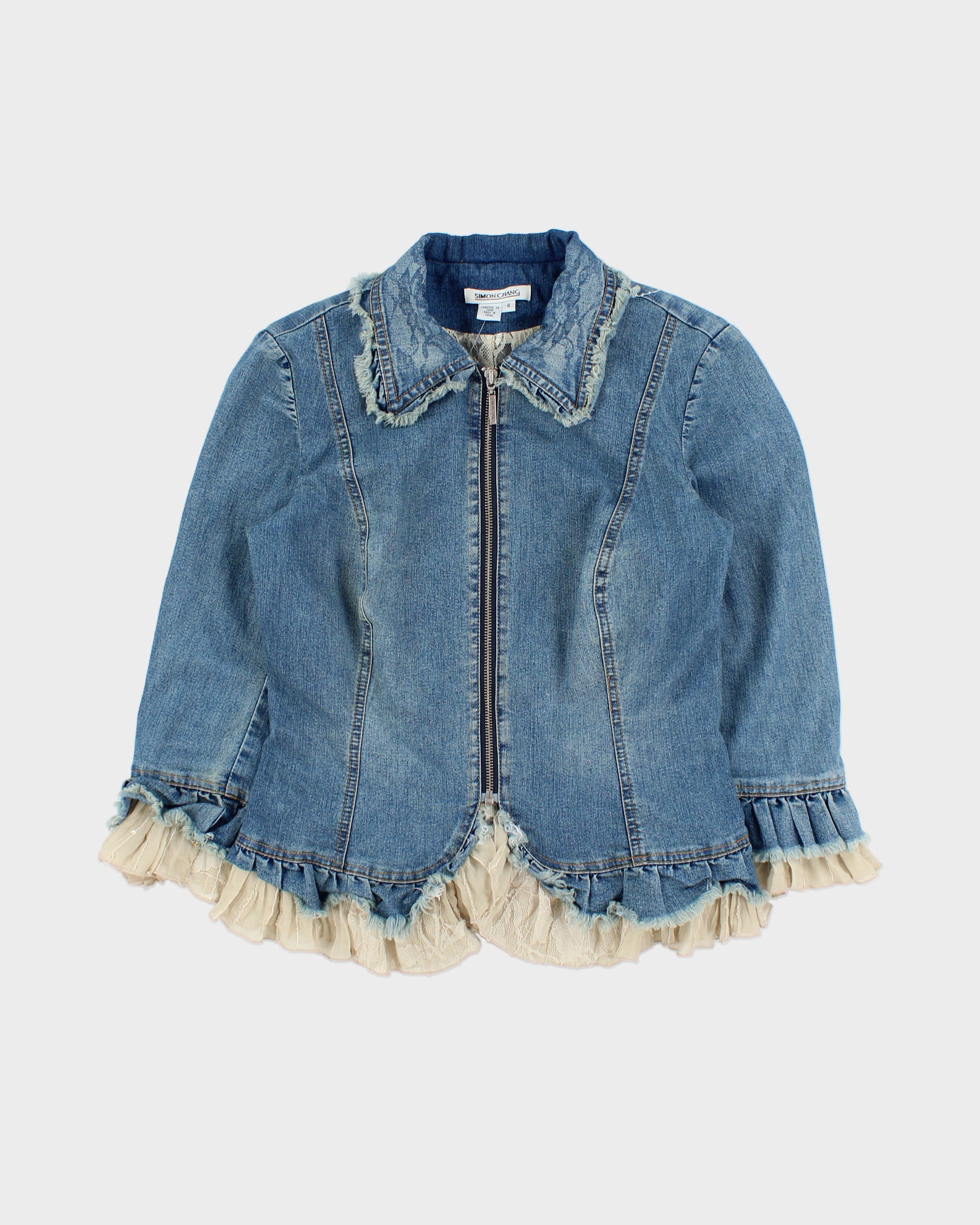 Vintage Y2K 2000s Lace Detail 3/4 Length Sleeve Zip Up Lightweight Denim Jacket - S