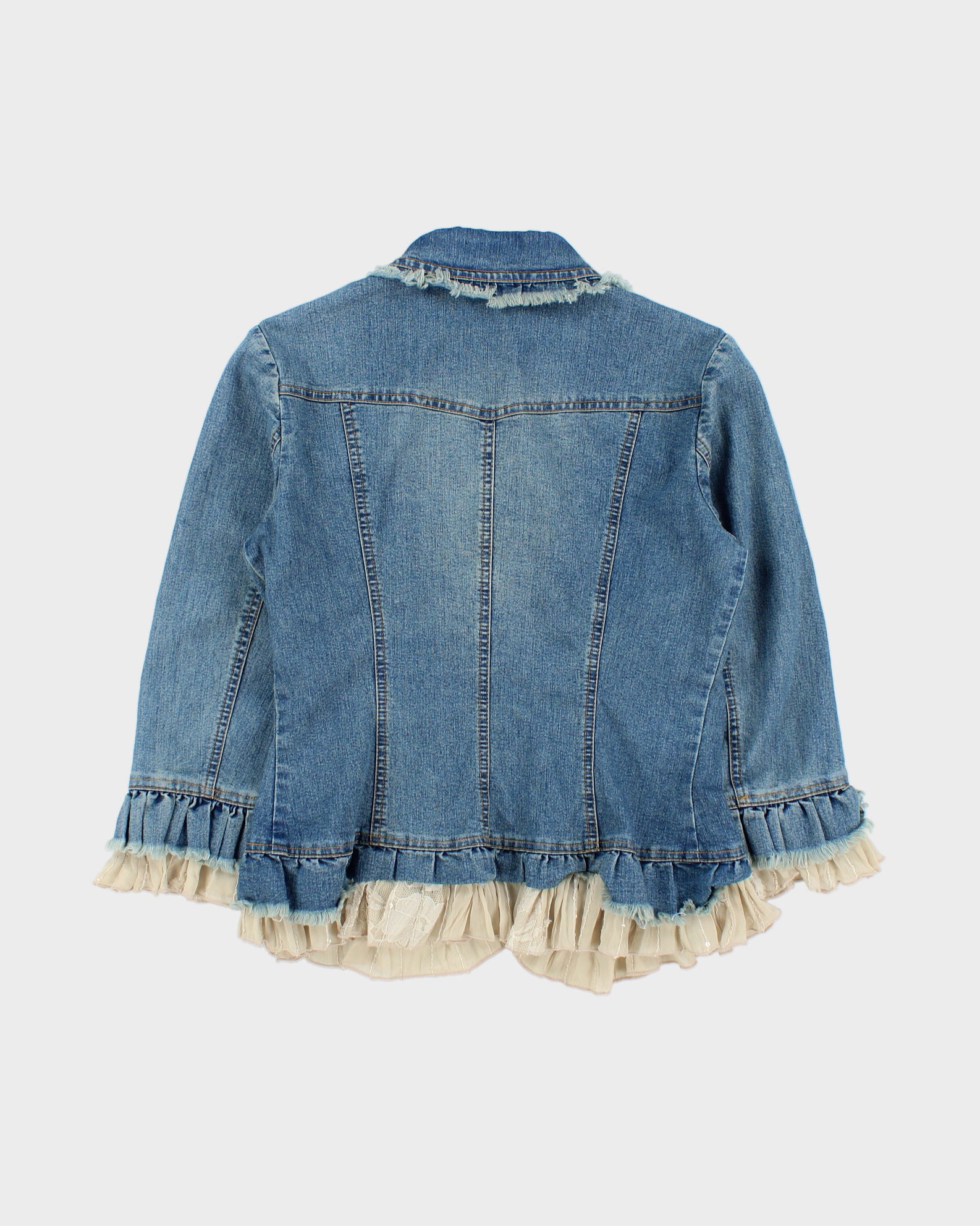 Vintage Y2K 2000s Lace Detail 3/4 Length Sleeve Zip Up Lightweight Denim Jacket - S