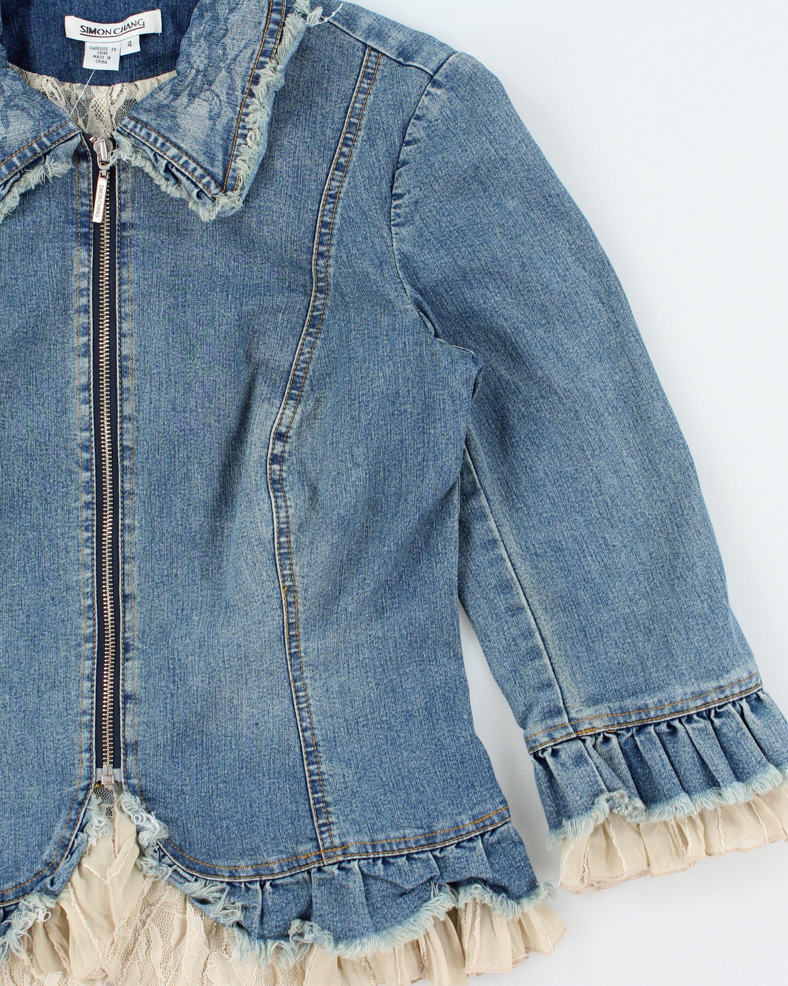 Vintage Y2K 2000s Lace Detail 3/4 Length Sleeve Zip Up Lightweight Denim Jacket - S