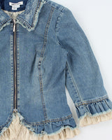 Vintage Y2K 2000s Lace Detail 3/4 Length Sleeve Zip Up Lightweight Denim Jacket - S