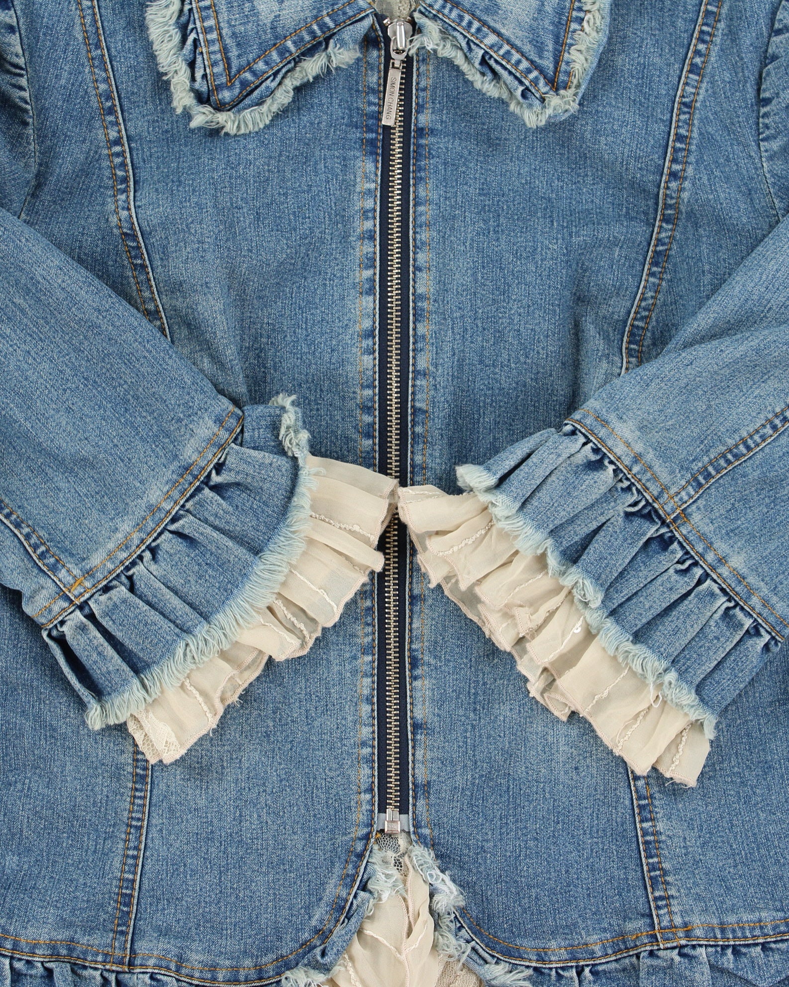 Vintage Y2K 2000s Lace Detail 3/4 Length Sleeve Zip Up Lightweight Denim Jacket - S