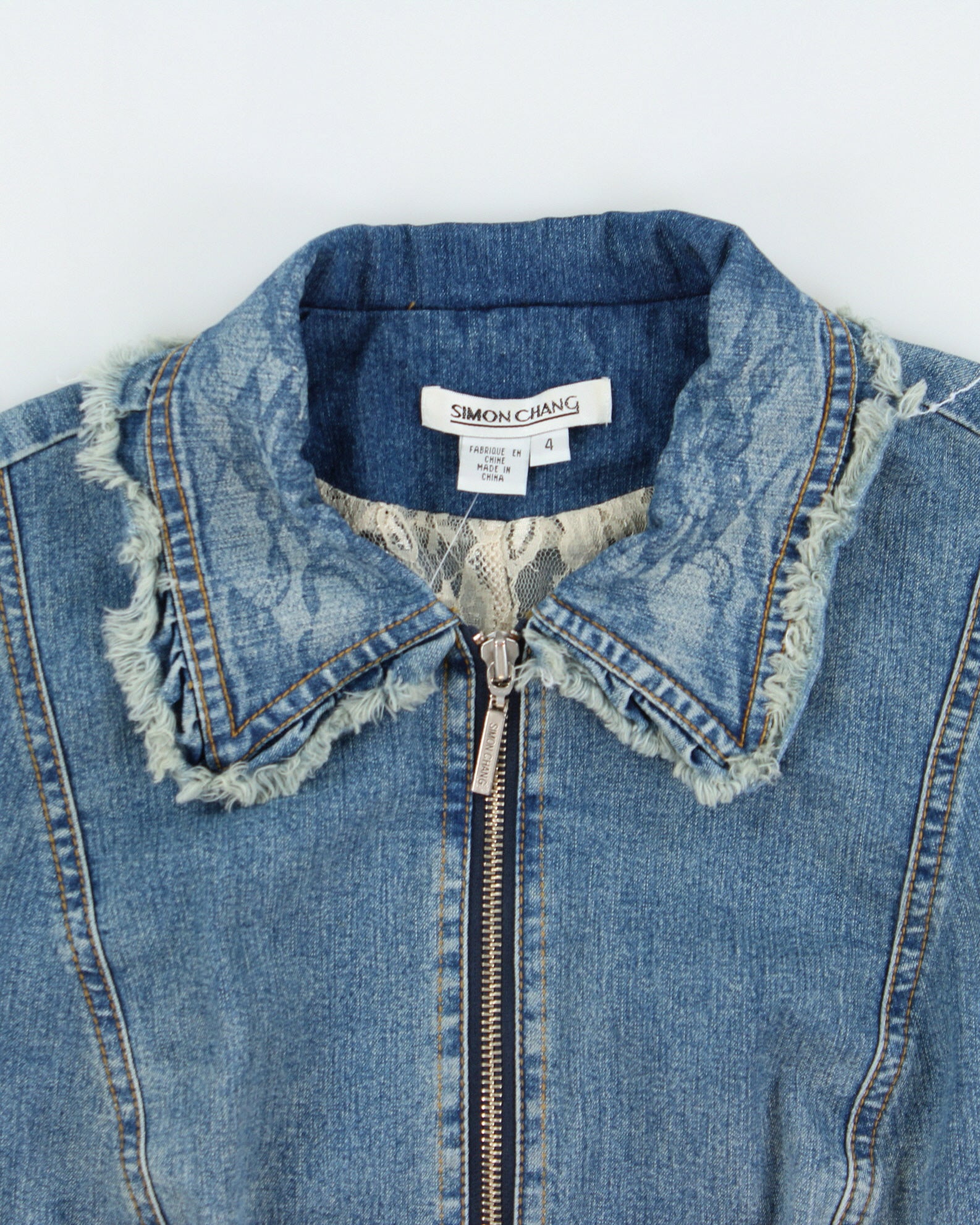 Vintage Y2K 2000s Lace Detail 3/4 Length Sleeve Zip Up Lightweight Denim Jacket - S
