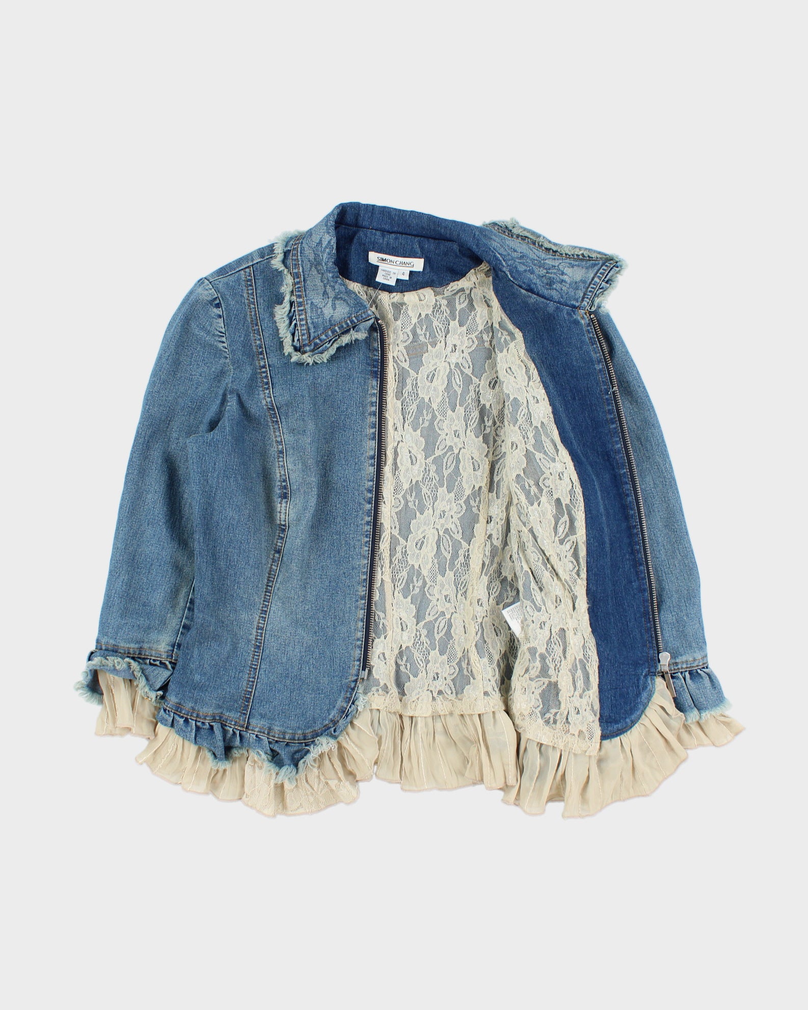 Vintage Y2K 2000s Lace Detail 3/4 Length Sleeve Zip Up Lightweight Denim Jacket - S