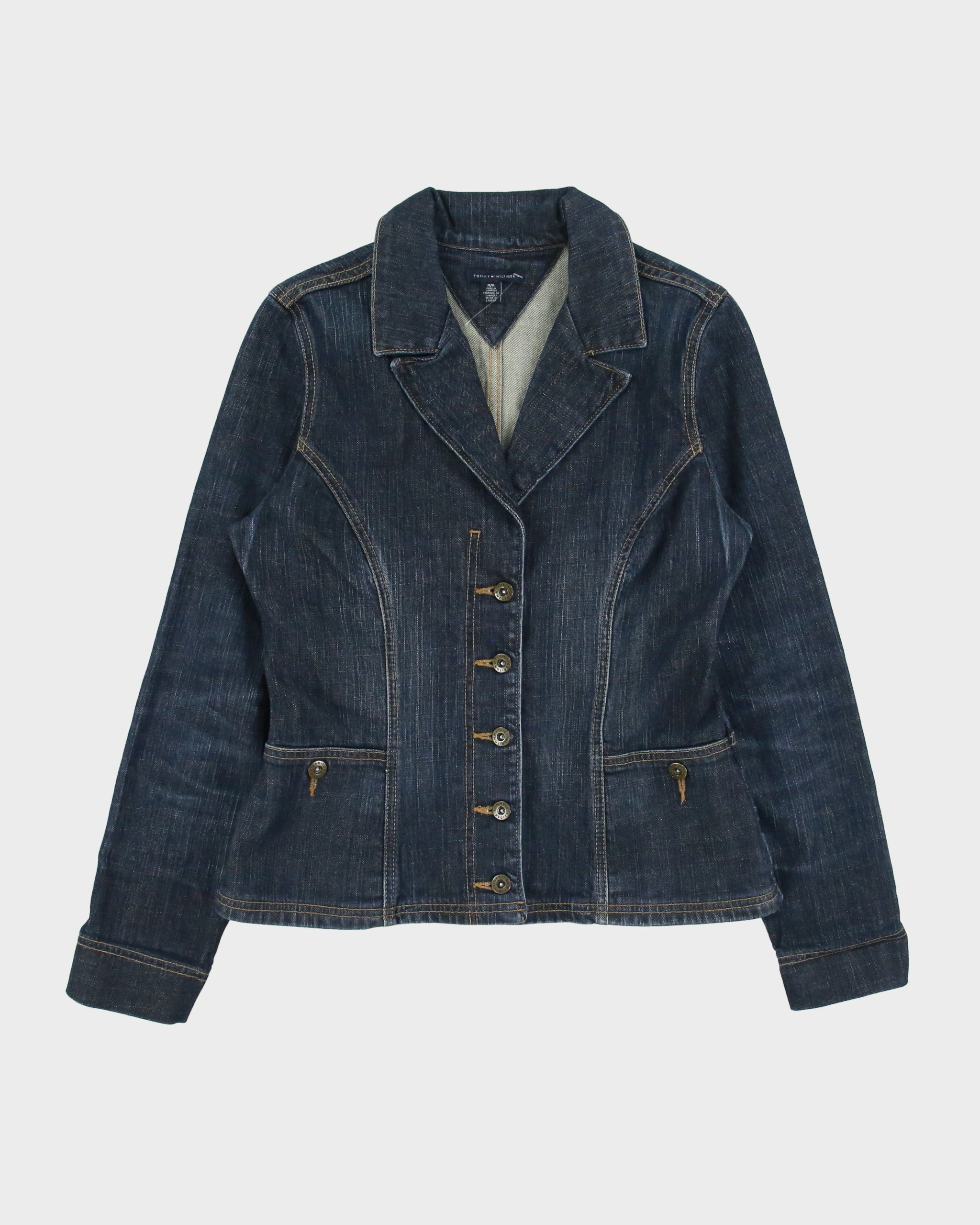 Vintage Y2K 00s Tommy Hilfiger Women's Raw Indigo Denim Made In Canada Blazer Jacket - M