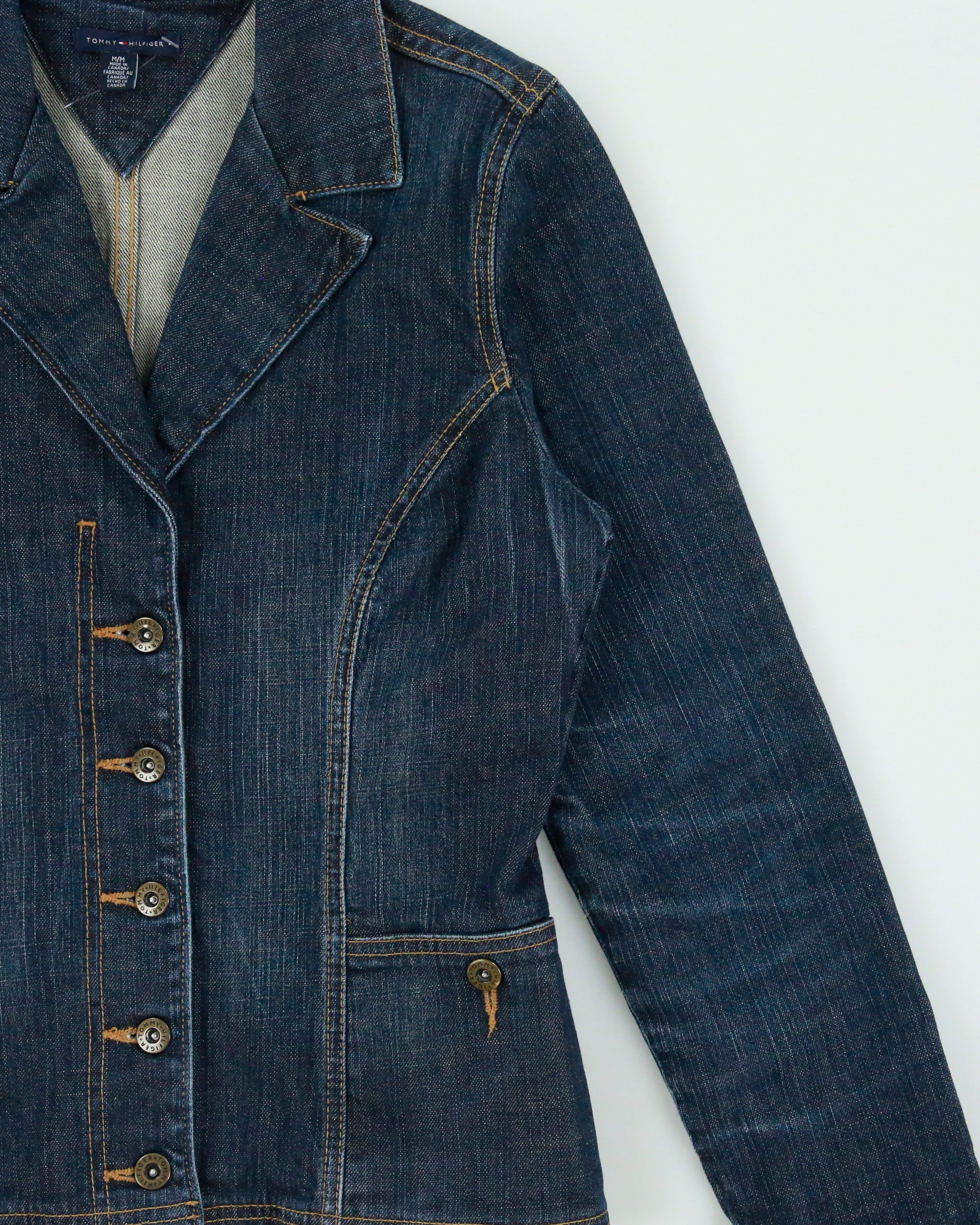 Vintage Y2K 00s Tommy Hilfiger Women's Raw Indigo Denim Made In Canada Blazer Jacket - M