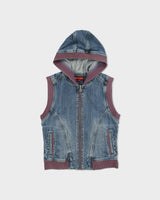 Vintage Y2K 00s Pierre Cardin Women's Stone Wash Denim Ribbed Hooded Gilet - L