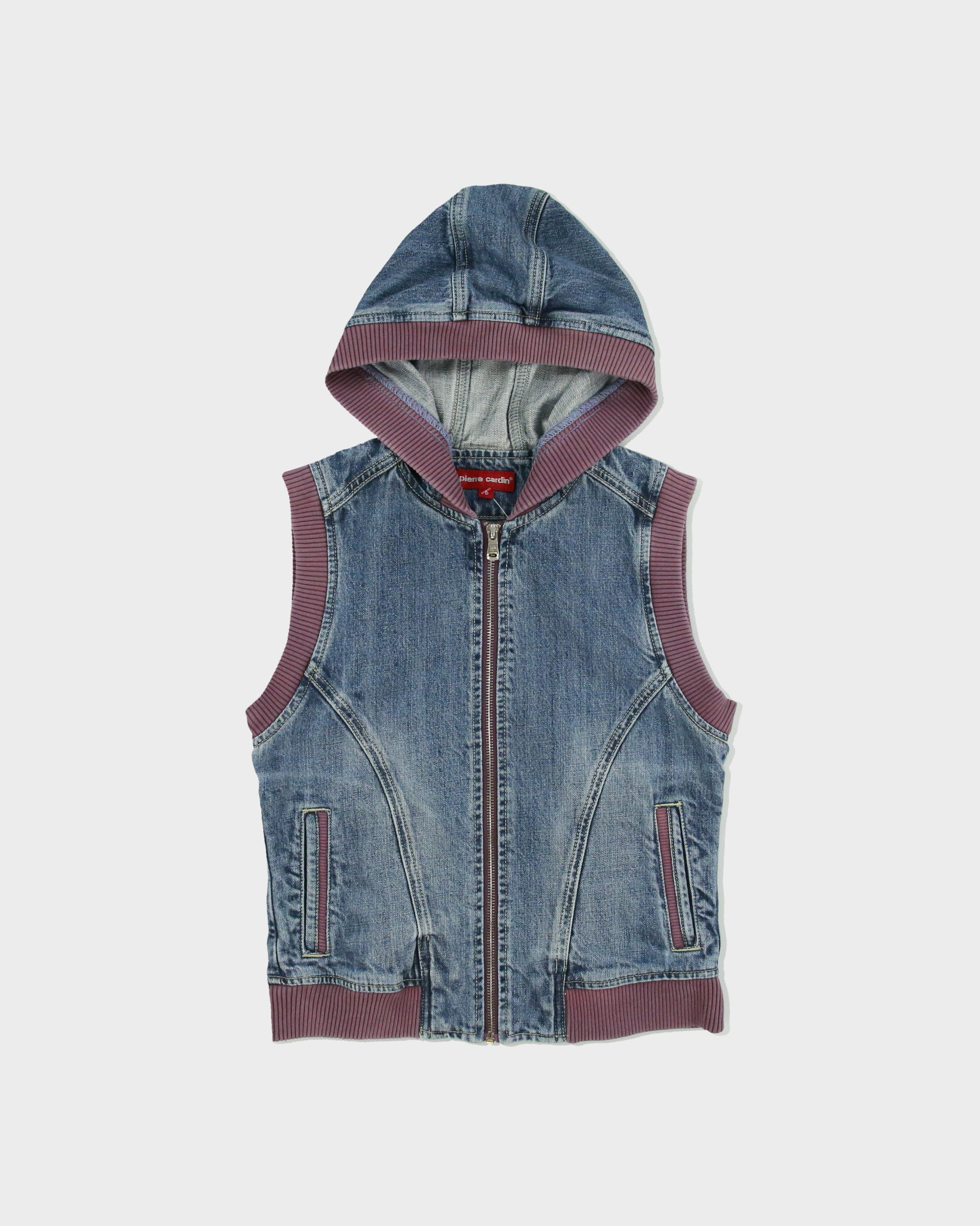 Vintage Y2K 00s Pierre Cardin Women's Stone Wash Denim Ribbed Hooded Gilet - L