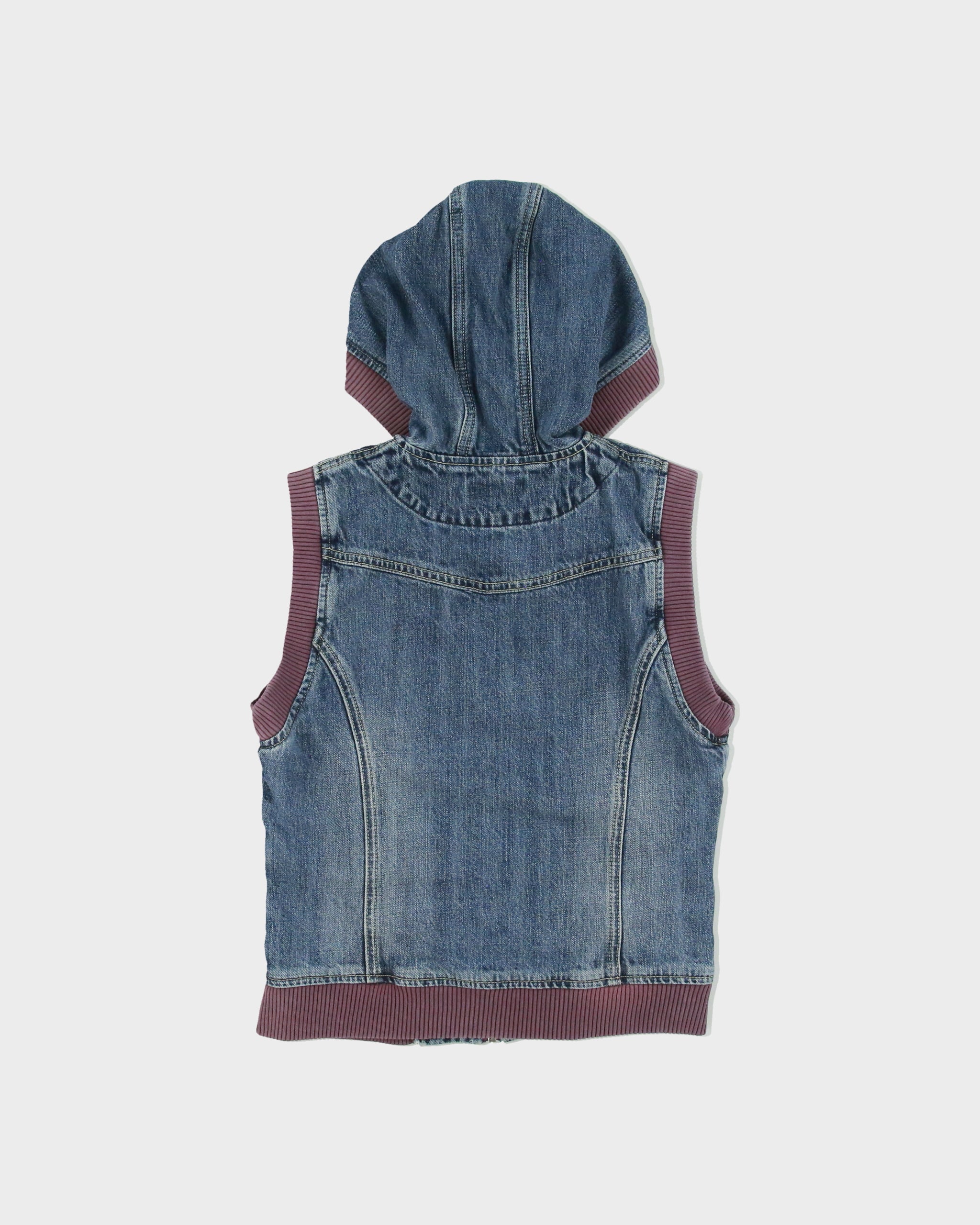 Vintage Y2K 00s Pierre Cardin Women's Stone Wash Denim Ribbed Hooded Gilet - L