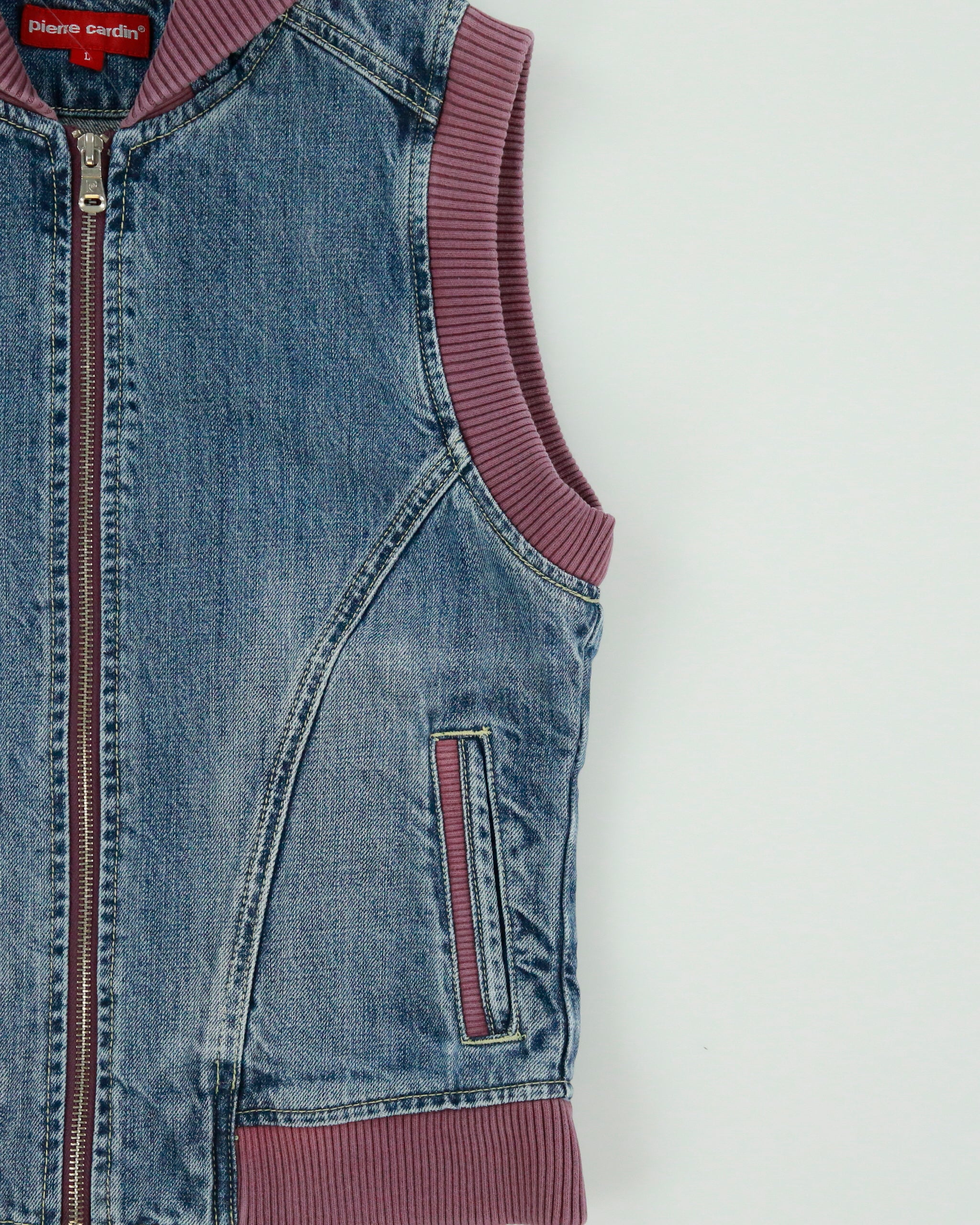 Vintage Y2K 00s Pierre Cardin Women's Stone Wash Denim Ribbed Hooded Gilet - L