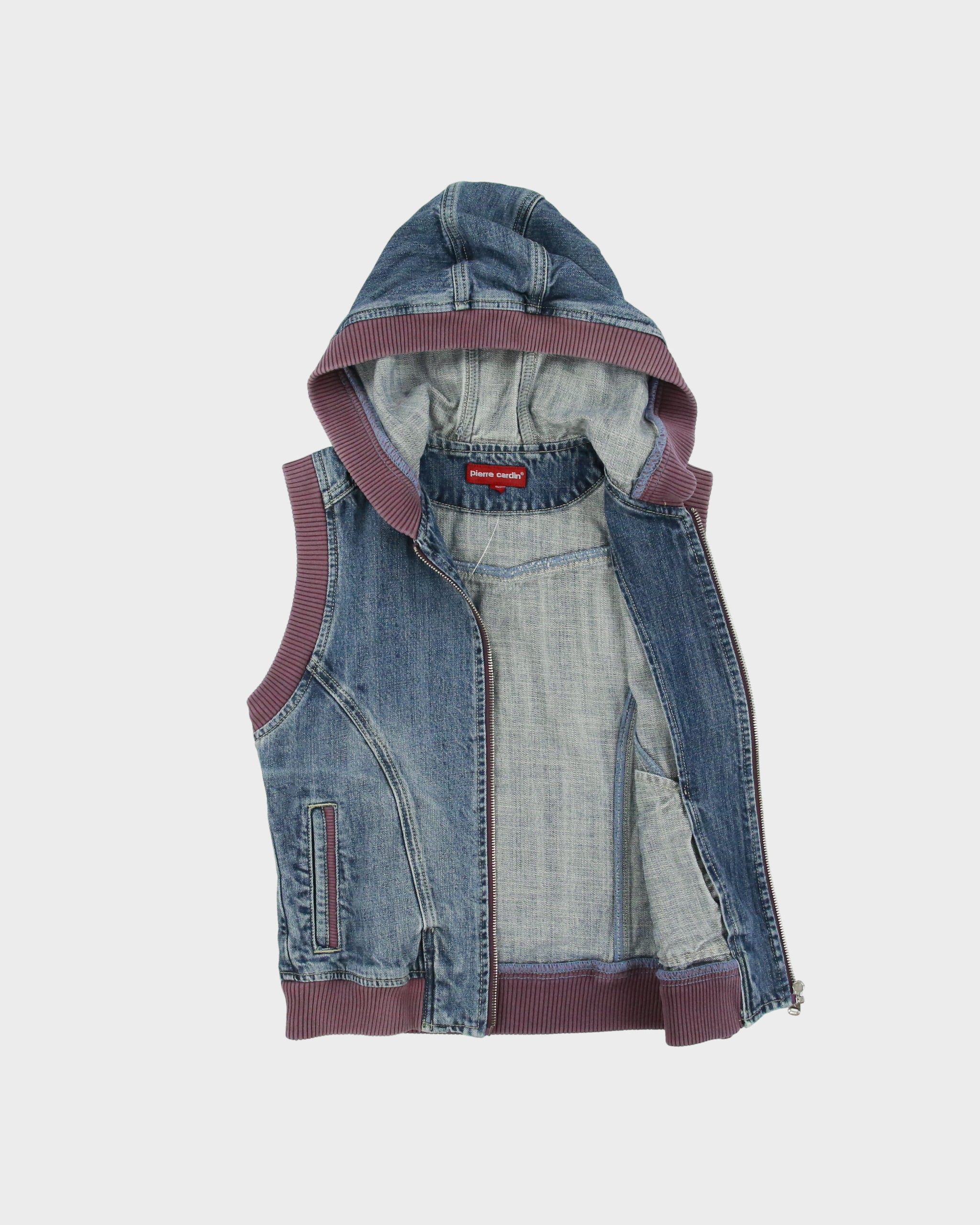 Vintage Y2K 00s Pierre Cardin Women's Stone Wash Denim Ribbed Hooded Gilet - L